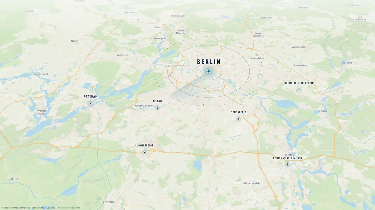 Regionskarte Berlin bei Tag mit Potsdam, Teltow und Schönefeld